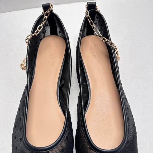 LOFT Black Dotted Mesh Ballet Flats Gold Chain Ankle Strap Women’s 11M - Picture 3 of 12